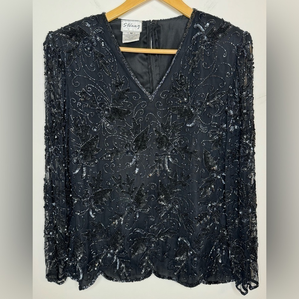 Stenay Women’s Vintage Black Beaded V-Neck Blouse Size M